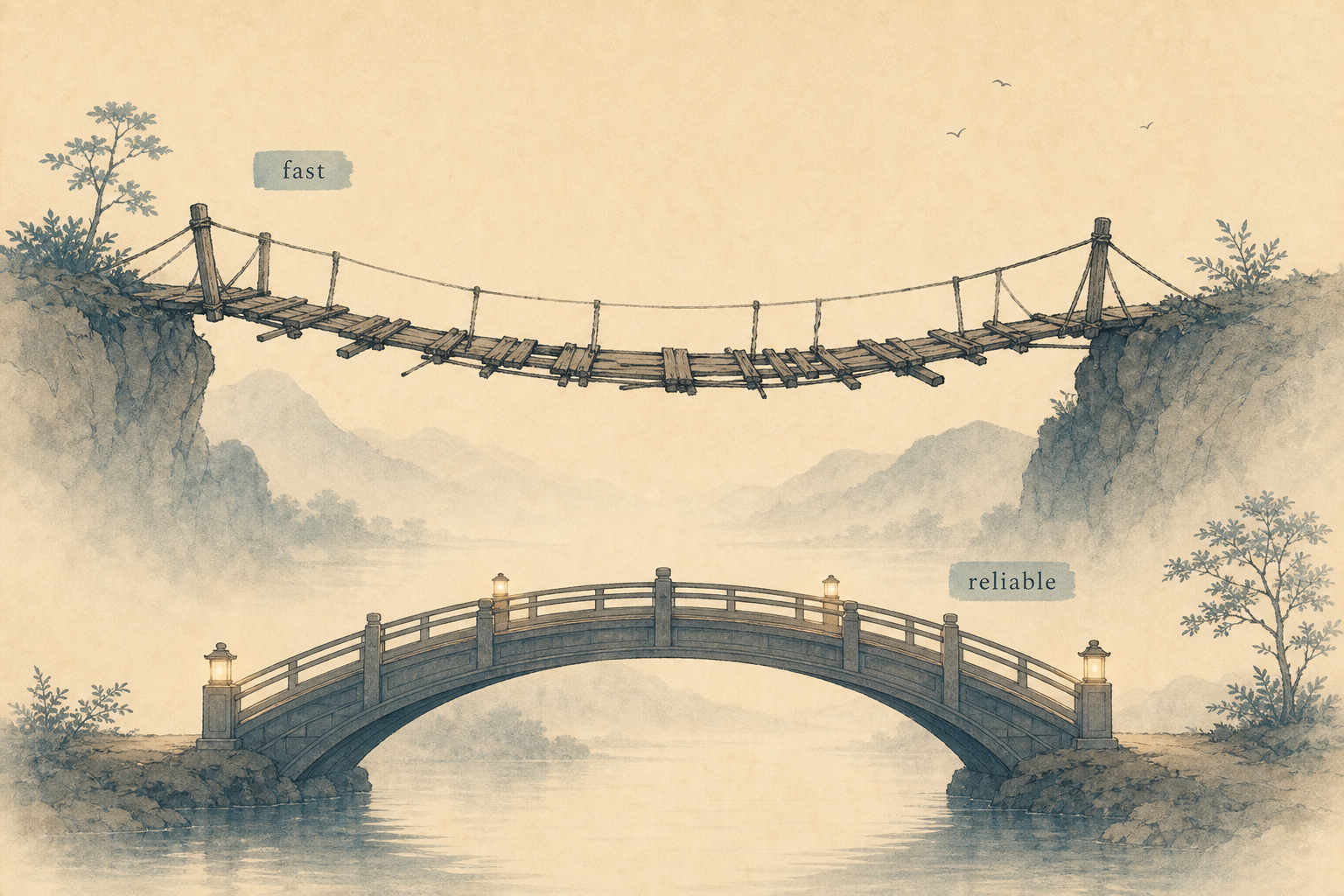Two bridge analogy: a fast unstable bridge and a slower reliable bridge over misty water.