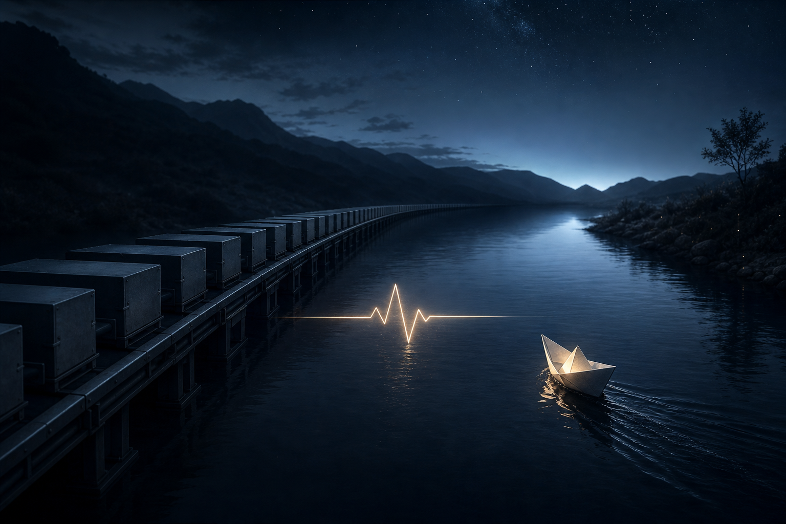A night river with a heartbeat pulse, a rigid pipeline, and a small glowing paper boat choosing its own path.